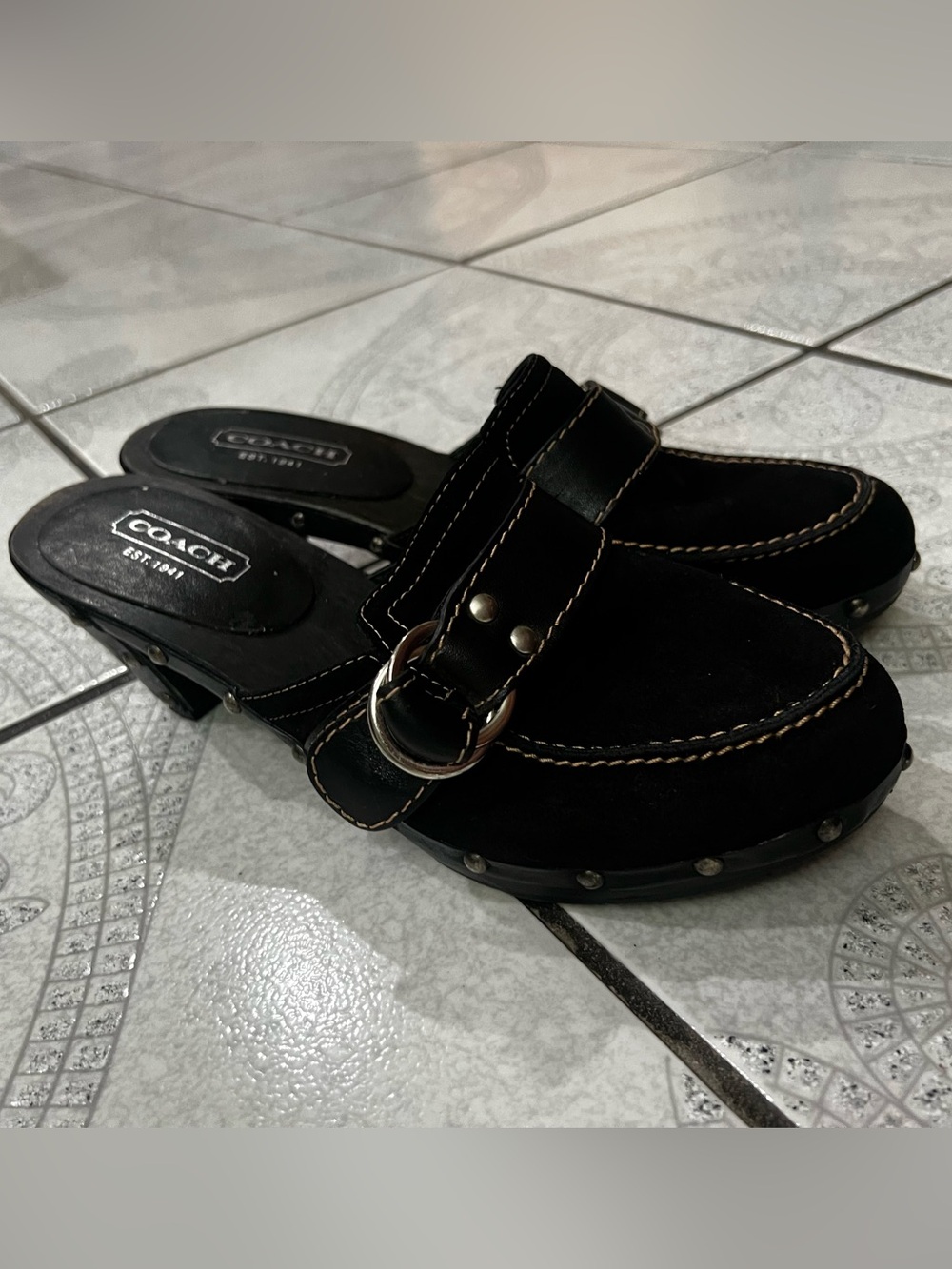 Coach Black Suede Buckle Clog Mules